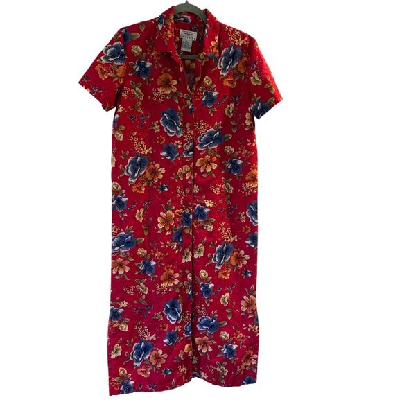 Talbots Floral Red Dress SZ 8 Linen Cotton Button Down - Picture 1 of 7